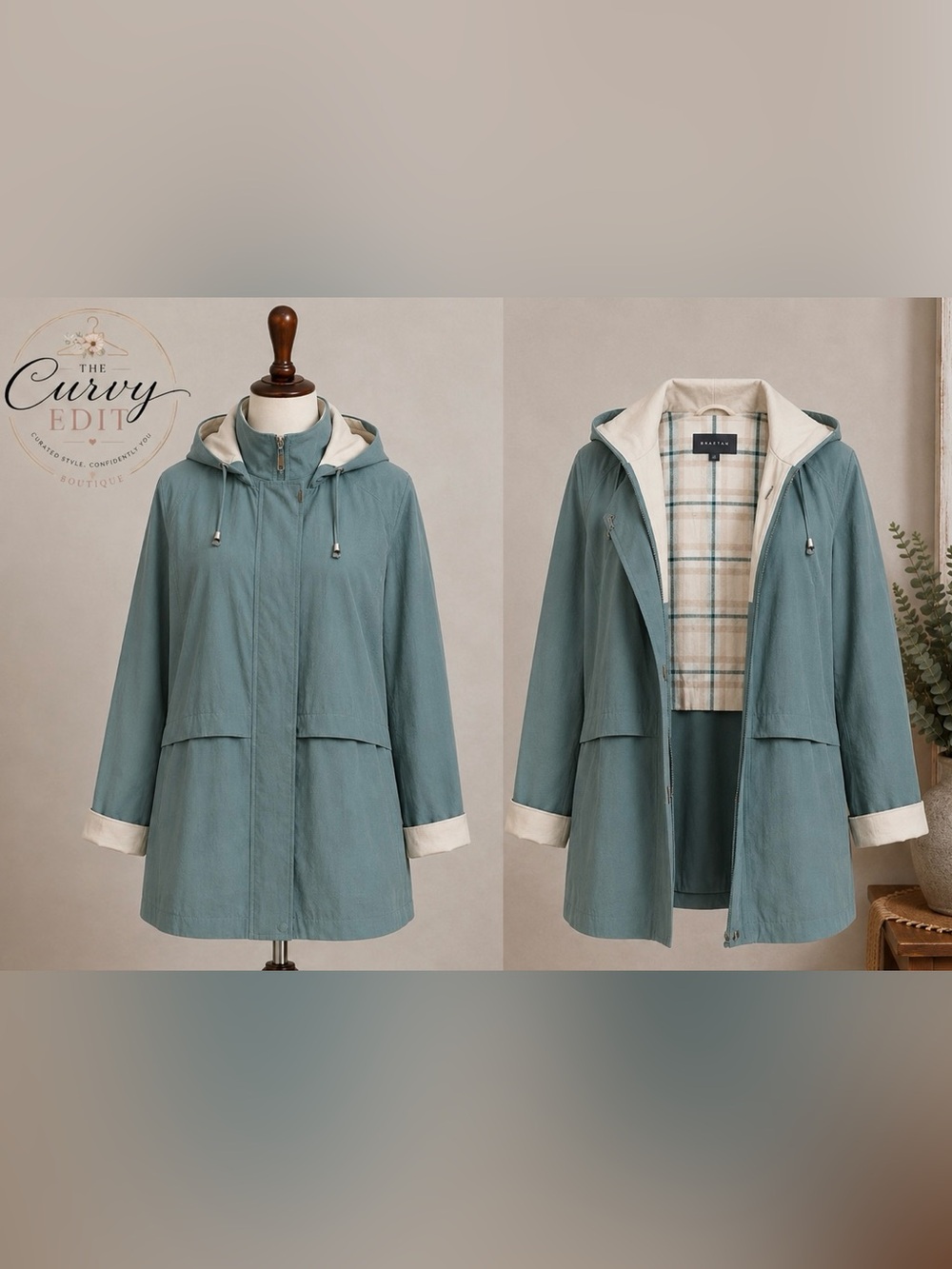 Braetan Muted Teal/Sage Green Hooded Jacket Plaid Lined Coat Size M Preppy